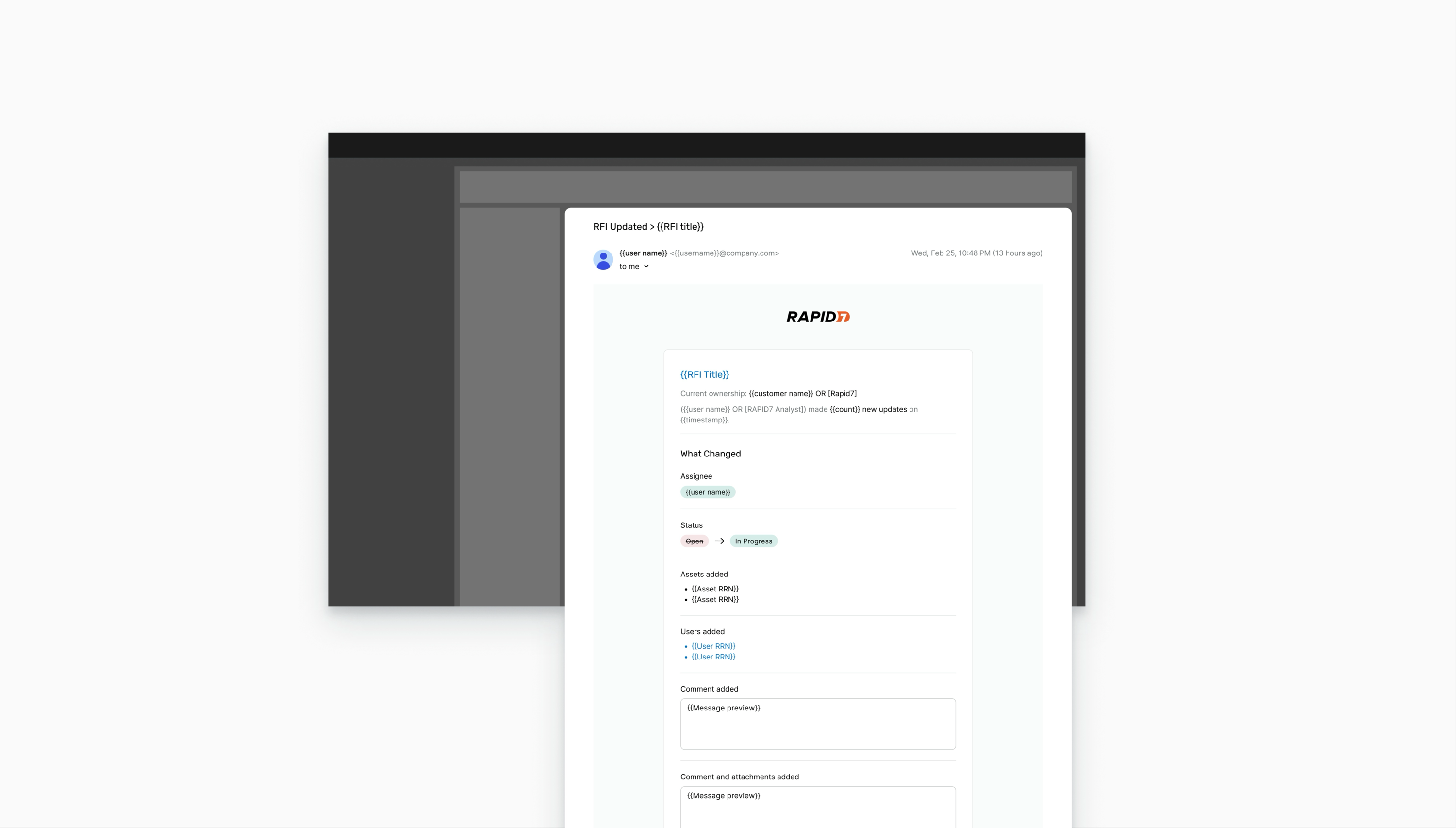 Dynamic RFI email template showing what changed on a request for information, including assignee, status, assets, users, and comments.