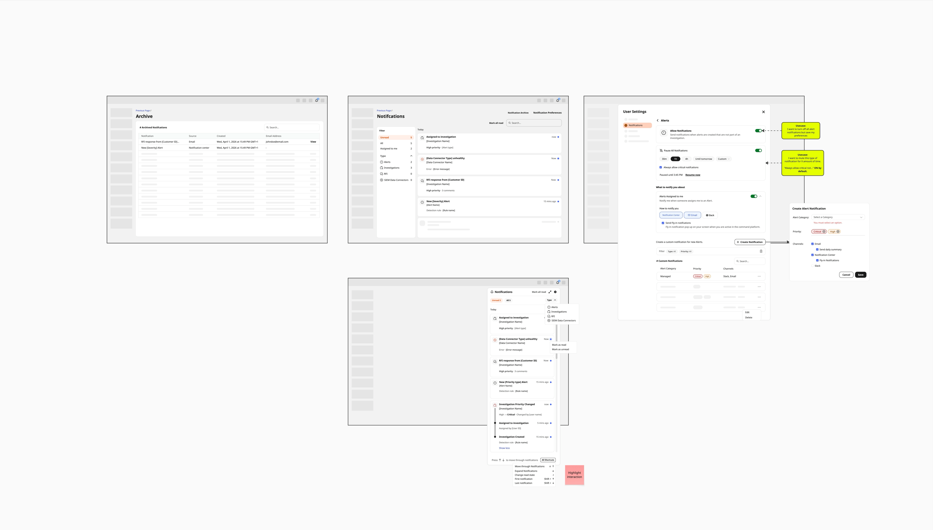 Early wireframes and low-fidelity mockups exploring the structure of the organization-based notifications interface, including archive, notification panel, and user settings screens.